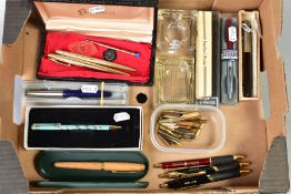 A SELECTION OF VARIOUS PENS AND INK WELLS, eleven assorted pens to include a Mentmore fountain