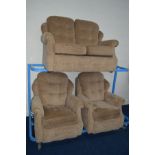 A G-PLAN LIGHT BROWN UPHOLSTERED THREE PIECE LOUNGE SUITE, comprising a two seater settee and a pair