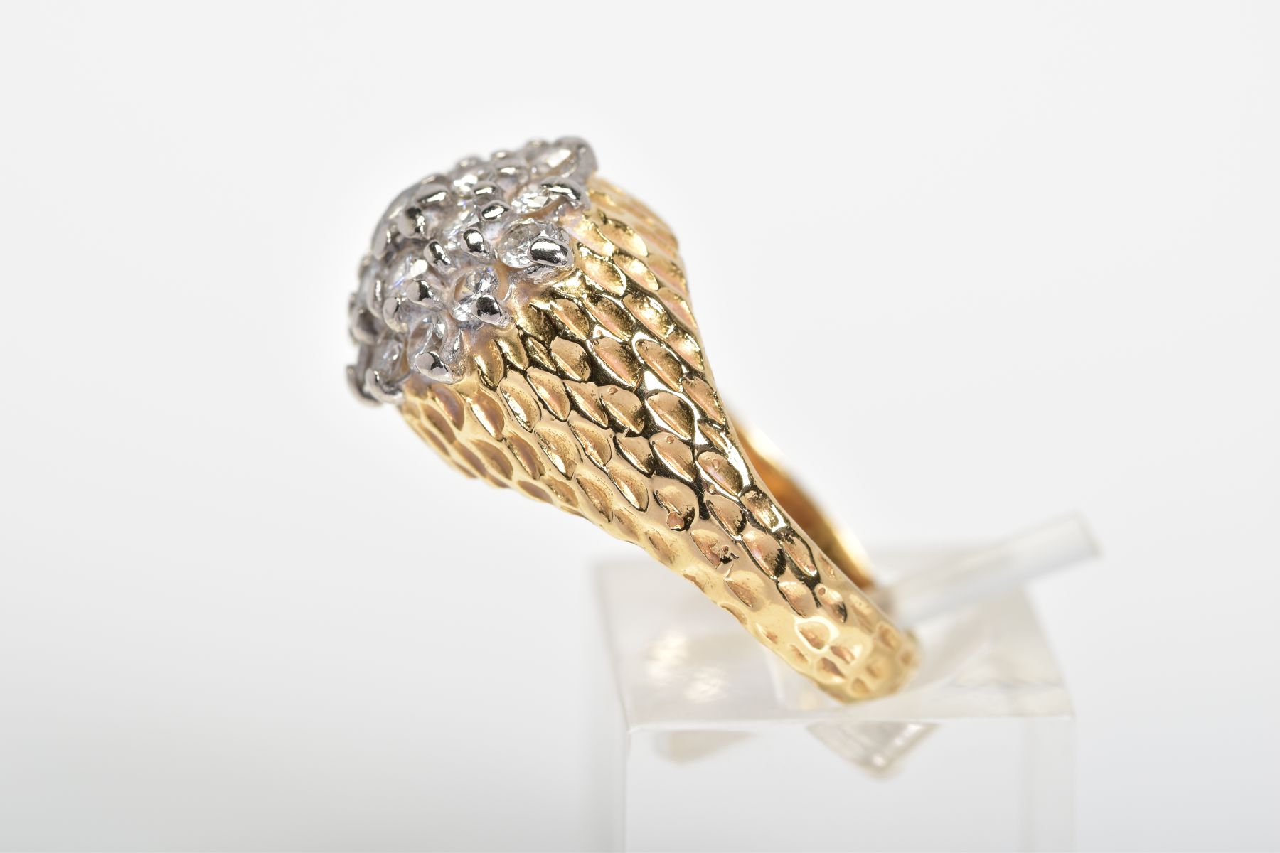 A DIAMOND DRESS RING, designed as a three tiered cluster of brilliant cut diamonds to the textured - Image 2 of 3