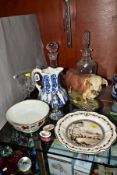 A GROUP OF CERAMICS AND GLASSWARE, etc, including a late 18th Century oval enamel patch box,