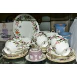 WEDGWOOD 'HATHAWAY ROSE' TEA WARES, comprising of eight tea cups and saucers, seven tea plates,