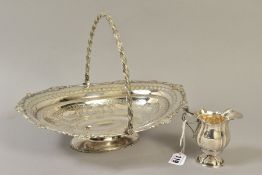 A LATE VICTORIAN SILVER PLATED WALKER & HALL OVAL SWING HANDLED CAKE BASKET, together with a