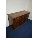 A REPRODUCTION OAK SIDEBOARD, with three drawers, width 153cm x depth 56cm x height 84cm (
