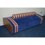 A MODERN BLUE AND SOUTH AMERICAN STYLE STRIPPED UPHOLSTERED DOUBLE SIDED SEAT, length 210cm x