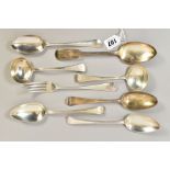 A GROUP OF EIGHT PIECES OF 18TH AND 19TH CENTURY SILVER FLATWARE, comprising two Old English pattern