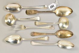 A GROUP OF EIGHT PIECES OF 18TH AND 19TH CENTURY SILVER FLATWARE, comprising two Old English pattern