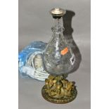 A 19TH CENTURY FRENCH ETCHED GLASS AND ORMOLU LAMP BASE, formed from a decanter? and a candleholder,