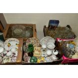 FIVE BOXES OF CERAMICS AND GLASSWARE, including two Royal Winton 'Summertime' chintz plates, a