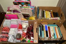 FOUR BOXES OF BOOKS, INVITATION CARDS, WRAPPING PAPER, NOVELTY ITEMS, etc, including stationary