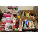 FOUR BOXES OF BOOKS, INVITATION CARDS, WRAPPING PAPER, NOVELTY ITEMS, etc, including stationary