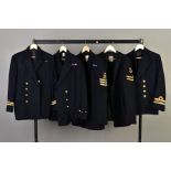FIVE ROYAL NAVAL OFFICERS JACKETS, some with medal ribbons attached, all used, post WWII period