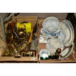 TWO BOXES OF TEA, DINNERWARES, GLASSWARE, BRASSWARE, STAINLESS STEEL, etc, including blue and