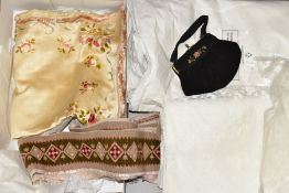 A BOX OF VINTAGE TEXTILES, including a lace wedding veil, a lace bedspread, possibly late 19th