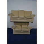 A DFS BEIGE UPHOLSTERED TWO PIECE LOUNGE SUITE, comprising a three seater settee, width 210cm and