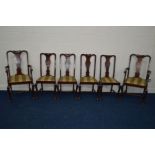 A SET OF SIX EARLY 20TH CENTURY GEORGE II STYLE MAHOGANY DINING CHAIRS, each with a solid splat