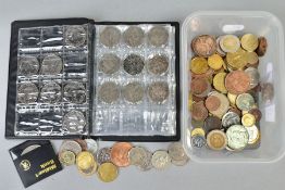A PLASTIC BOX WITH MIXED COINS to include a wallet of sixteen current 50p coins and a silver sceat
