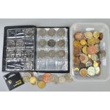 A PLASTIC BOX WITH MIXED COINS to include a wallet of sixteen current 50p coins and a silver sceat