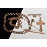 SIX ITEMS OF JEWELLERY, to include two chains, two bar brooches, a stickpin and a cross pendant,