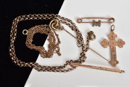SIX ITEMS OF JEWELLERY, to include two chains, two bar brooches, a stickpin and a cross pendant,