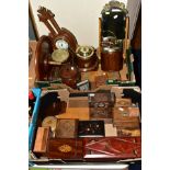TWO BOXES OF TREEN, including biscuit barrels, barometer, a lazy Susan, barbola mirror, trinket