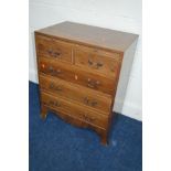 A REPRODUCTION YEW WOOD CHEST OF TWO SHORT AND THREE LONG DRAWERS with brushing slide on bracket