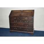 A GEORGIAN OAK BUREAU, fitted interior, above two short and three long drawers, with swan neck