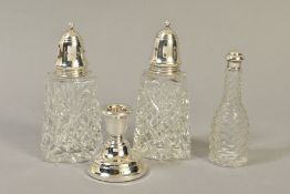 A NEAR PAIR OF ELIZABETH II SILVER TOPPED GLASS SUGAR CASTERS, London 1969 and 1972, together with a