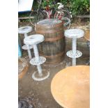 A WHISKEY BARREL GARDEN/BAR TABLE WITH THREE ECCO GALVANISED STOOLS, the whiskey barrel is