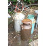 TWO COW AND GATE STEEL MILK CHURNS AND A STEEL BUTTER CHURN, one milk churn has a lid and the