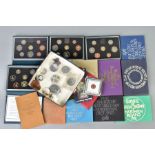 A BOX OF COINS, COMMEMORATIVES, YEAR SETS to include a silver Lion of England five pound coin,