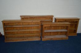A COLLECTION OF FOUR PINE OPEN BOOKCASES of various sizes, the largest width 152cm x depth 26cm x