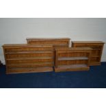 A COLLECTION OF FOUR PINE OPEN BOOKCASES of various sizes, the largest width 152cm x depth 26cm x