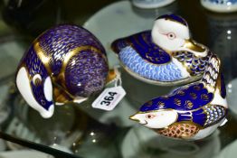 THREE ROYAL CROWN DERBY PAPERWEIGHTS, Badger and Wren having gold stoppers, Duck with no stopper,