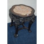 A CHINESE ROSEWOOD WAVY TOPPED JARDINIERE STAND, with a veined marble inset on four shaped legs