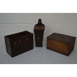 A GEORGE III OAK TAPERING WALL CANDLE BOX, together with a Georgian mahogany lidded box and a