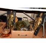 TWO BOXES AND LOOSE METALWARES, including copper kettles, brass trays, pewter teapot and fruit bowl,