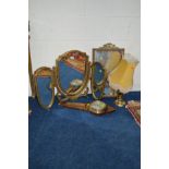 A MODERN GILT TRIPLE DRESSING MIRROR, another mirror, an oak barometer and a brass table lamp (4)