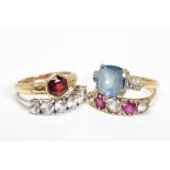 FOUR 9CT GOLD GEM SET RINGS, the first collet set with a central hexagonal garnet and flush set with