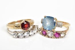 FOUR 9CT GOLD GEM SET RINGS, the first collet set with a central hexagonal garnet and flush set with