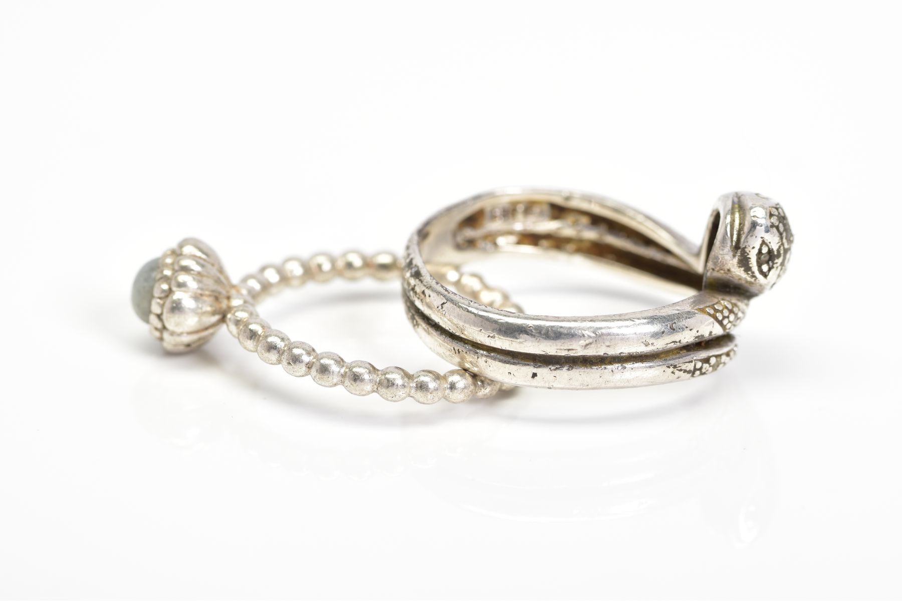 A PANDORA RING AND A SNAKE RING, the Pandora ring designed with a circular rock crystal cabochon - Image 4 of 4