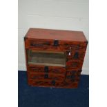 A 20TH CENTURY KOREAN RED PAINTED AND IRON BOUND SIDE CABINET, fitted with a long drawer above a