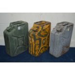 THREE MILITARY 20L JERRY CANS in three colours