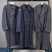 THREE RAF WOOLEN GREATCOATS, very heavyweight post WWII era, buttons 1/2 belt etc