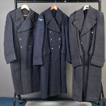 THREE RAF WOOLEN GREATCOATS, very heavyweight post WWII era, buttons 1/2 belt etc
