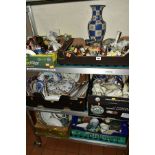 SIX BOXES OF CERAMICS, including a damaged Royal Doulton style stoneware vase, Victorian tea and