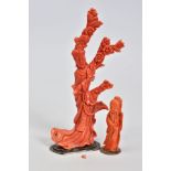 TWO CARVED CORAL FIGURES, each carved to depict an Oriental figure, the first a female amongst