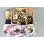 A BOX OF COSTUME JEWELLERY, to include various brooches of floral design, necklaces, bracelets,