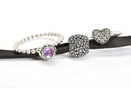 TWO PANDORA RINGS AND A CHARM, the first ring designed with a central amethyst to the beaded band,