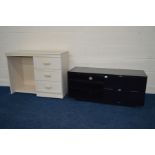 A MODERN BLACK GLOSS TV CABINET WITH TWO DRAWERS together with a modern limed effect desk with three