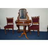 A VICTORIAN MAHOGANY DUTCHESS DRESSING TABLE, scrolled mirror arm supports, with a hinged top, two